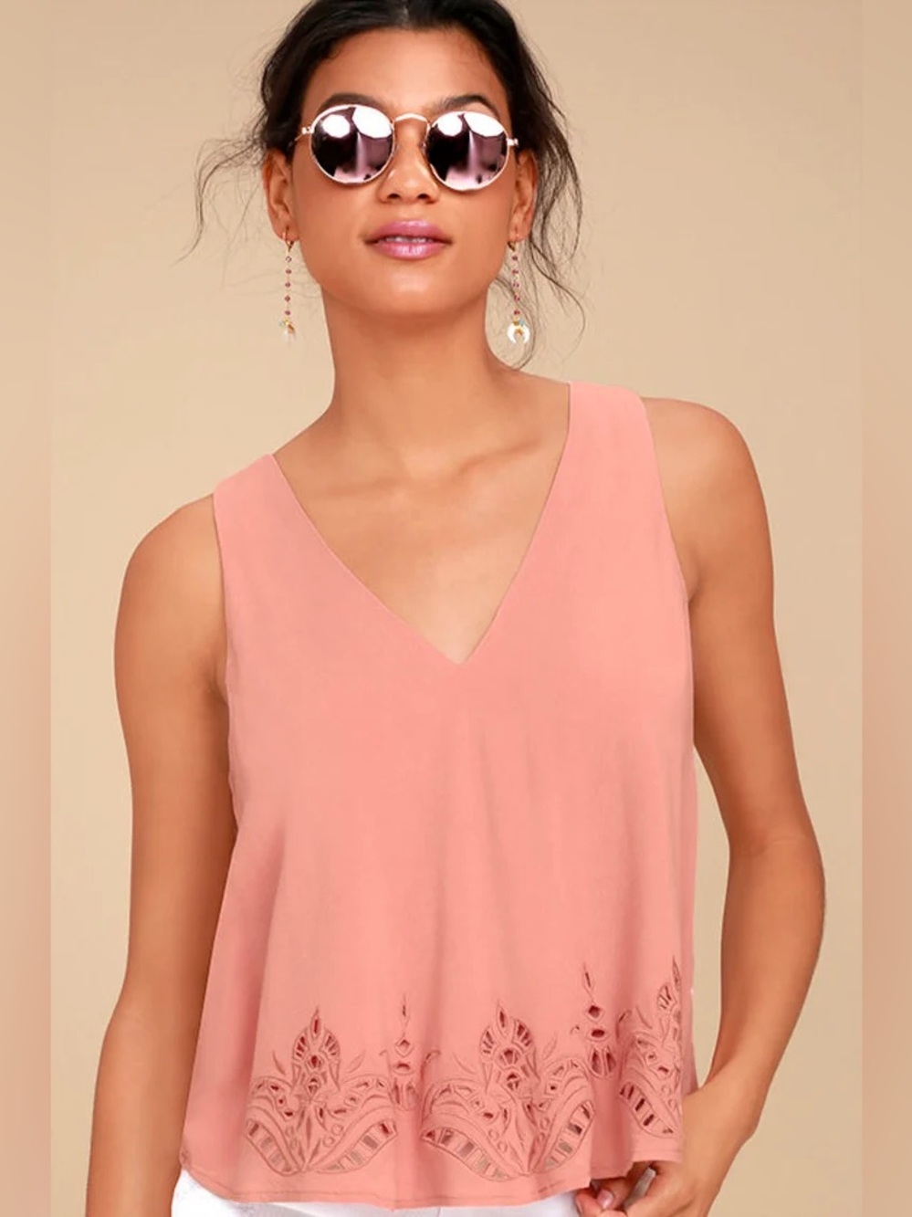Sleeveless V-Neck Lace-Hem Tank Top - Pink